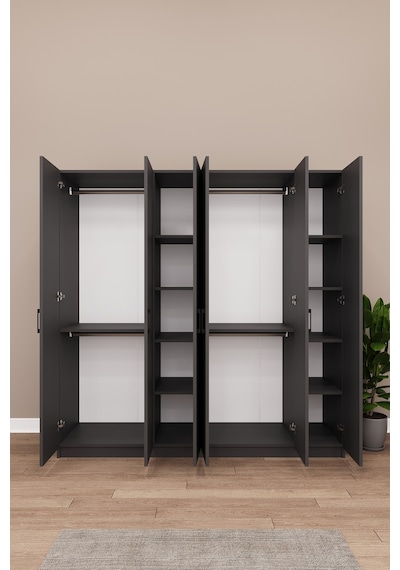 Asra Trend 6 Kapaklı Gardırop G-06 %100 MDF Çift Katlı Askılı Elbise Dolabı Koyu Gri