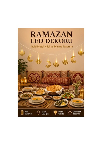 Minareli Hilal Led Işık Gold Metal Gövdeli Pilli Ramazan Dekoru Renkli Renkli