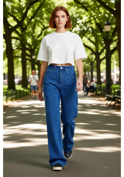 Ersefa Kadın Dokulu Wide Leg Denim Pantolon Fonksiyonel Dayanıklı Kalite mavi