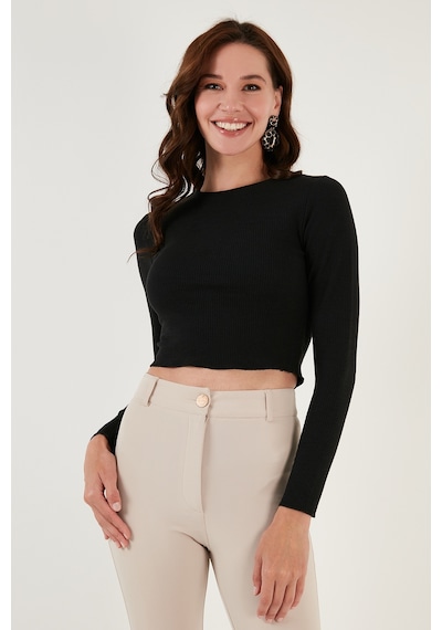 Lela Dar Kesim Bürümcük Kumaş Fitilli Crop Bayan Bluz 5865416 Siyah Lela Dar Kesim Bürümcük Kumaş Fitilli Crop Bayan Bluz 5865416 Siyah