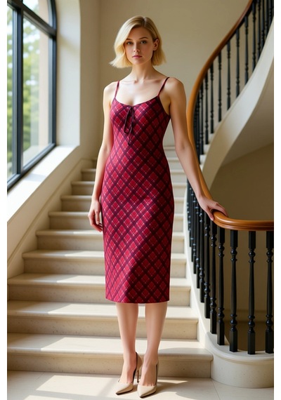 Benerly Kadın Kare Yaka Kolsuz Ekose Desenli Bodycon Kalıp Tül Maxi Elbis Kırmızı