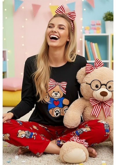 Siyah İnci Kadin Ekose Merry Christmas Baskılı Yılbaşı Temalı Örme Pijama Takım 7970 Kırmızı Ayıcık