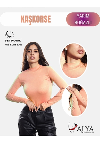 Alya Underwear Kaşkorse Yarım Boğaz Body Sweatshirt, Fitilli Kumaş, Likralı, Bordo Yavru Ağzı
