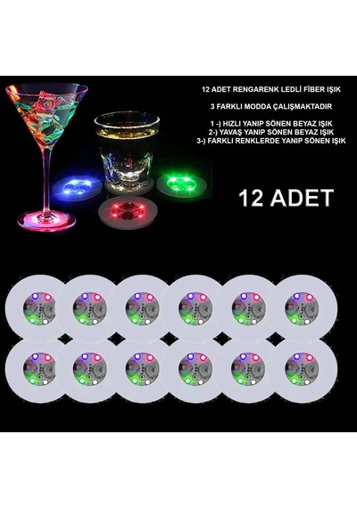 Mey İthalat Renkli Led Işıklı Bardak Altlığı - Dekoratif 12 Adet, Pilli