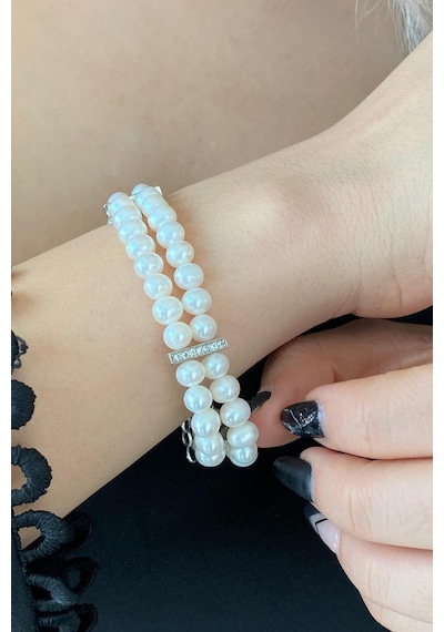 6,5 Mm Çift Sıra Doğal İnci Bileklik 20 Cm / Beyaz Gümüş