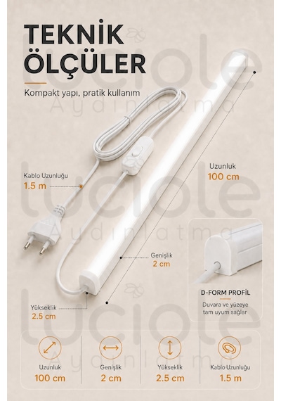 220v Beyaz Led Bar 100 Cm Fişli Anahtarlı Yapışkanlı Tezgah Altı Dolap İçi Aydınlatma