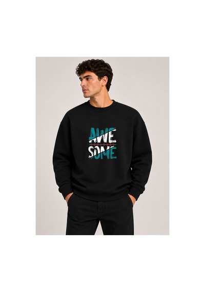 Herkesemoda Awesome Baskılı Bisiklet Yaka Şardonlu 2 İplik Sweatshirt Siyah