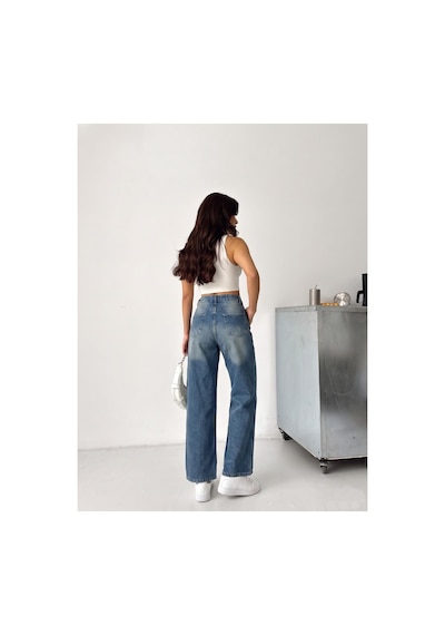 Kene Jeans Ön Taşlı Yeşil Tint Denim Wide Leg/bol Paça Pantolon Yeşil Tintli