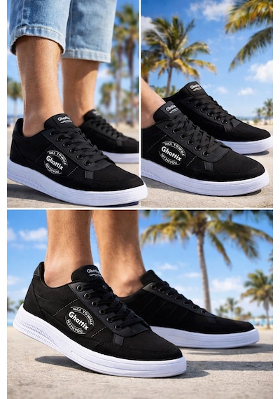 Ghattix Yeni Sezon Erkek Keten Sneaker Ayakkabı Siyah Siyah