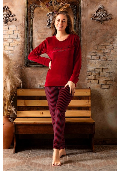 Nisanca Kışlık Kadın Kadife Pijama Takımı - Süper Soft Serisi Bordo