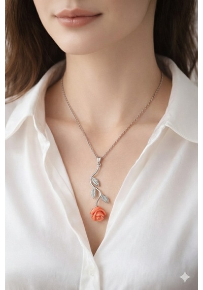 Çekirdekjewelry 925 Ayar Gümüş Pembe Güllü Ters Kolye Gri