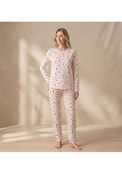 Lindros Kırmızı Kalp Ve Love Yazılı Fitilli Kaşkorse Pijama Takımı Ev Giyimi Bej - Ekru Lindros Kırmızı Kalp Ve Love Yazılı Fitilli Kaşkorse Pijama Takımı Ev Giyimi Bej - Ekru