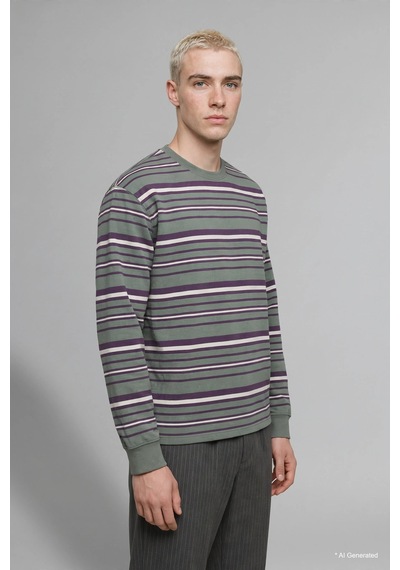 Defacto Boxy Fit Bisiklet Yaka Çizgili Sweatshirt H4882ax26aukh458 Haki-kh458