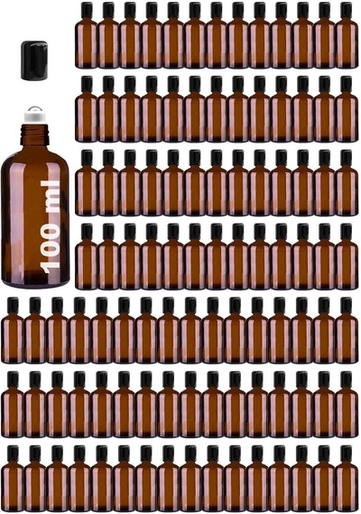 Çelik Roll On Şişesi 100 ML Sızdırmaz Siyah Kapaklı Amber Cam Şişe 100 Adet