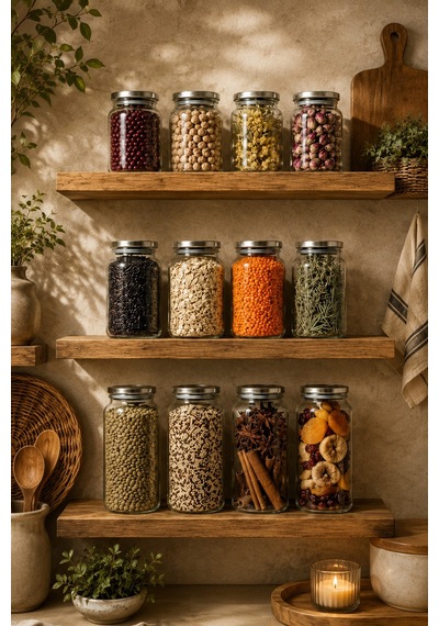 Porsima Bormio 12'li Vakumlu Metal Kapaklı Cam Kavanoz Seti 1400 Ml, 900 Ml, 650 Ml Erzak & Baharatlık Bambu - Şeffaf