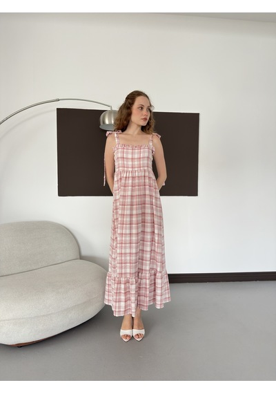 Verymoda Kadın Ekose Desenli Askı Bağlama Detaylı Maxi Elbise Pembe