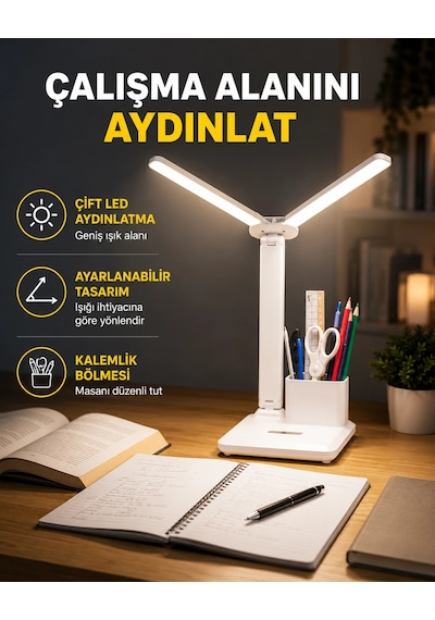 Kısılabilir Led Masa Lambası Kalemlik Ve Telefon Standlı, Göz Yormayan Işık Yeni Nesil Çok Renkli