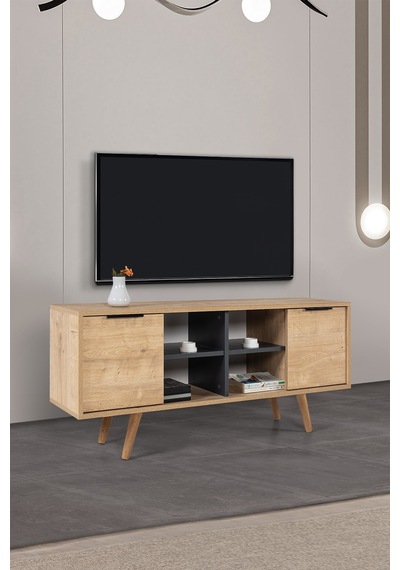 3319 Sina 130 Cm Ahşap Ayaklı , Metal Kulplu Tv Ünitesi , Safir - Antrasit , Tv Sehpası , Salon Safir - Antrasit