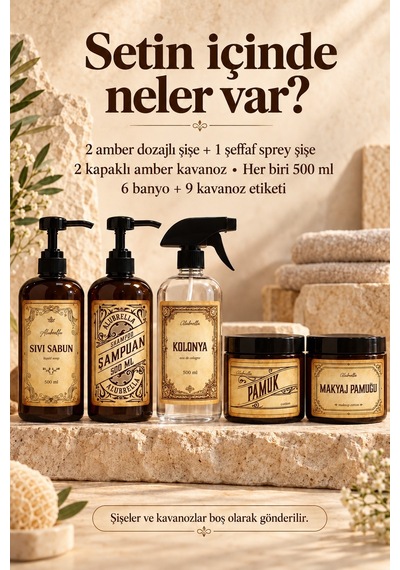 Alubrella 500 Ml Amber Pompalı Şişe, 2 Kapaklı Kavanoz Ve Şeffaf Sprey Şişe Etiketli Set