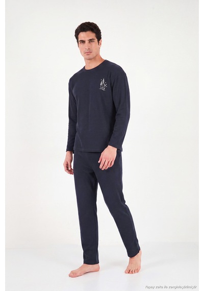 Buratti Yumuşak Dokulu Minimal Nakışlı Uzun Kollu Pijama Takımı Erkek Pijama Takımı 6575009 Lacivert