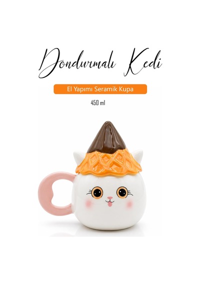 Şapkalı Kedi Figürlü Dolomite Kupa, El Yapımı 450 Ml Kapaklı Mug Beyaz