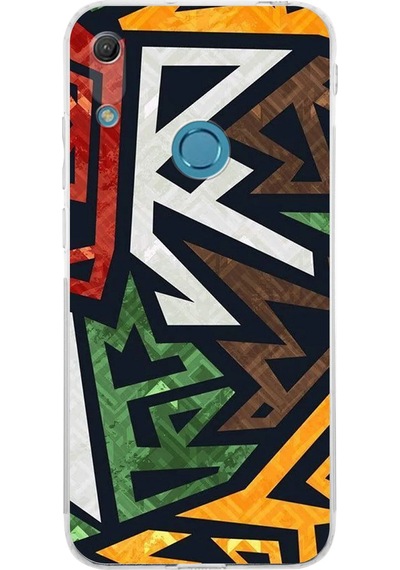 Huawei Y6 Pro 2019 Uyumlu Kamera Korumalı Soyut Grafiti Tasarımlı Şeffaf Silikon Kılıf Şeffaf