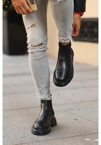 Shoetyle - Siyah Hakiki Deri Erkek Chelsea Bot 101-9046-1425 Siyah