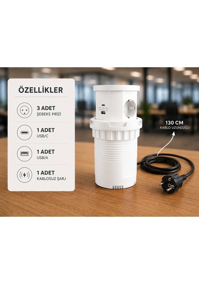 Beyaz Pop Up Gömme Masa Prizi Usb'li Ve Kablosuz Şarjlı Masaüstü Ofis Prizi Standart