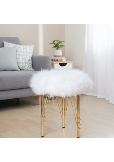 Beyaz Peluş Puf Tabure, Gold Renk Metal Ayaklı Yumuşak Oturma Pufu 38x37 Cm - Yatak Odası, Salon Pufu Beyaz