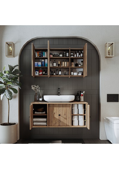 Oval Lavabolu Mdf 105 Cm Çekmeceli Dolabı + Aynalı Dolap Atlantik Atlantik Çam