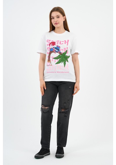 Bisiklet Yaka Baskılı Pamuklu T-shirt B23-ts Beyaz