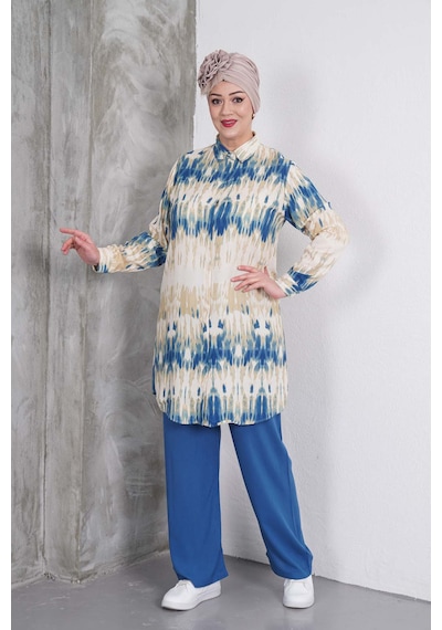Polologin Butik Mavi Bej Blok Desenli Tunik Pantolon Takım Mavi & Bej & Lacivert