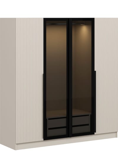 Kale Plus 4 Mebran Kapaklı 2 Çekmeceli Dolap Kumtaşı Mebran Füme Cam 190cm Kumtaşı
