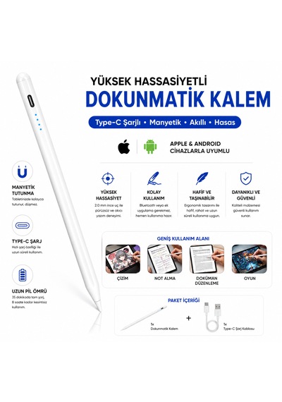 Manyetik Şarjlı Stylus Kalem Type-c Şarjlı Tablet Kalemi Hassas Uçlu Dokunmatik Kalem 1