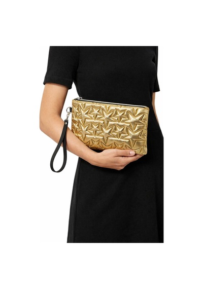 Adelina Bags Yıldız Nakış İşlemeli Portföy El Çantası Bilek Askılı Saten Astarlı Clutch Çanta Altın
