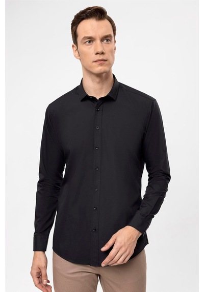 Süvari Siyah Slim Fit Düz Klasik Yaka Gömlek