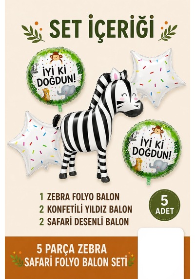 5 Li Zebra Temalı Happy Birthday Folyo Balon Seti Safari Ve Orman Konseptli Parti Süsü Çok Renkli