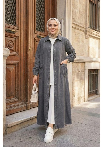 Hb Harma Time Butik Kadın Düğmeli Cepli Denim Gri Kot Kap Gri Gri