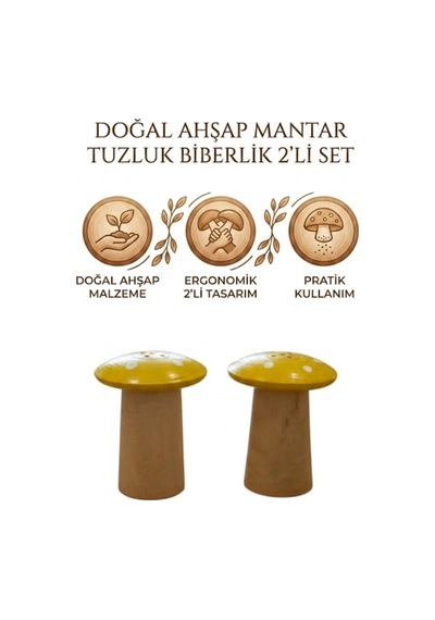 Doğal Ahşap Mantar Şekilli Tuzluk & Biberlik - Sarı Noktalı Sevimli Set 2li Sarı