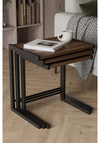Bronte 3 Lü Zigon Sehpa, Metal Zigon Sehpa Ceviz