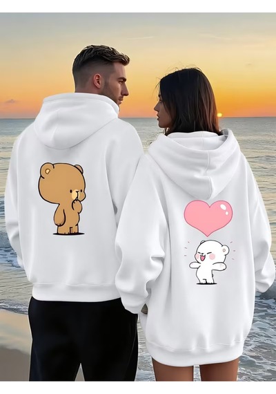 Nevermind Sevgili Kombin Hoodie Ayıcık Baskılı Kalpli Çift Sweatshirt Uni Beyaz