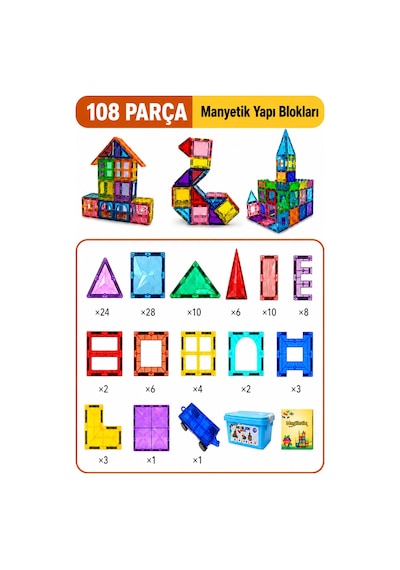 108 Parça Manyetik Yapı Blokları - Tamamı Mıknatıslı - Çocuklar İçineğitici Oyun Seti. 5 Yıl Garanti