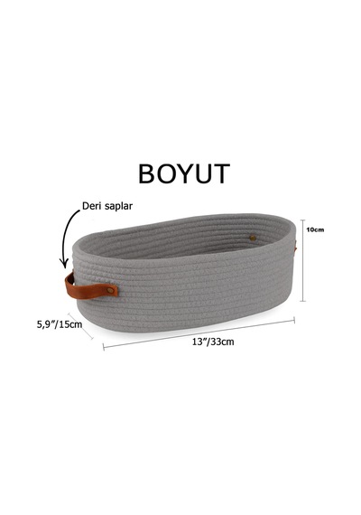 Mavaux Doğal Hasır Görünümlü 15x33x10 Çok Amaçlı Sepet Deri Saplı, Dekoratif Ve Fonksiyonel Organizer Gri