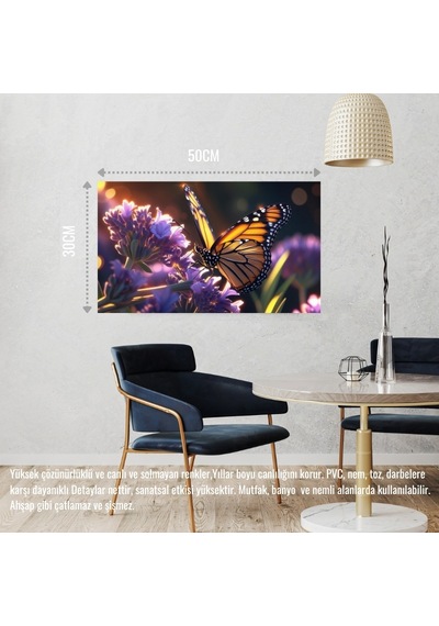 Kelebek Parlayan Güneş Işığı Altında Lavanta Çiçeğinin Üzerinde Dinleniyor 02 Çerçevesiz 50x30 Cm Pvc Tablo