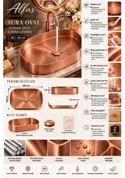 Alfas Aura Oval 60 Cm Pvd Rose Gold Tezgah Üstü Çanak Lavabo 304 Paslanmaz Çelik 2.0mm