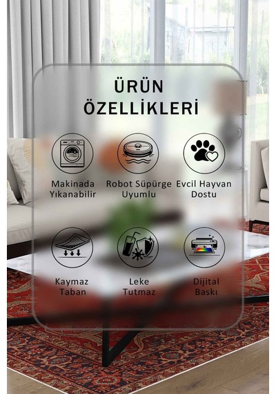 Yıkanabilir Kaymaz Taban Dijital Baskılı Halı Ve Yolluk Leke Tutmaz Salon & Mutfak Halısı - 0607 Bordo