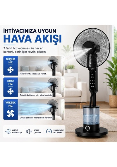 16 İnç Buharlı Vantilatör, 4l Su Hazneli Ayaklı Fan, Uzaktan Kumandalı, Led Ekranlı, 3 Hız Kademeli, 3 Modlu, Ne