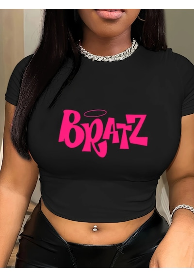 Tarzsokak % 100% Pamuk Kadın Mahsul T-shirt Y2k Pembe Bratz Mektup Baskılı Tişörtlerin O-boyun Sıkı Kıs Siyah