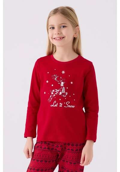 Arnetta 3106 Let İt Snow Kız Çocuk Kırmızı Uzun Kol Pijama Takım Kırmızı