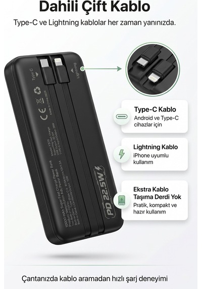 4berry Y376 10000mah 22.5w Süper Hızlı Şarj Type-c Ve Lightning Kablolu Powerbank Siyah